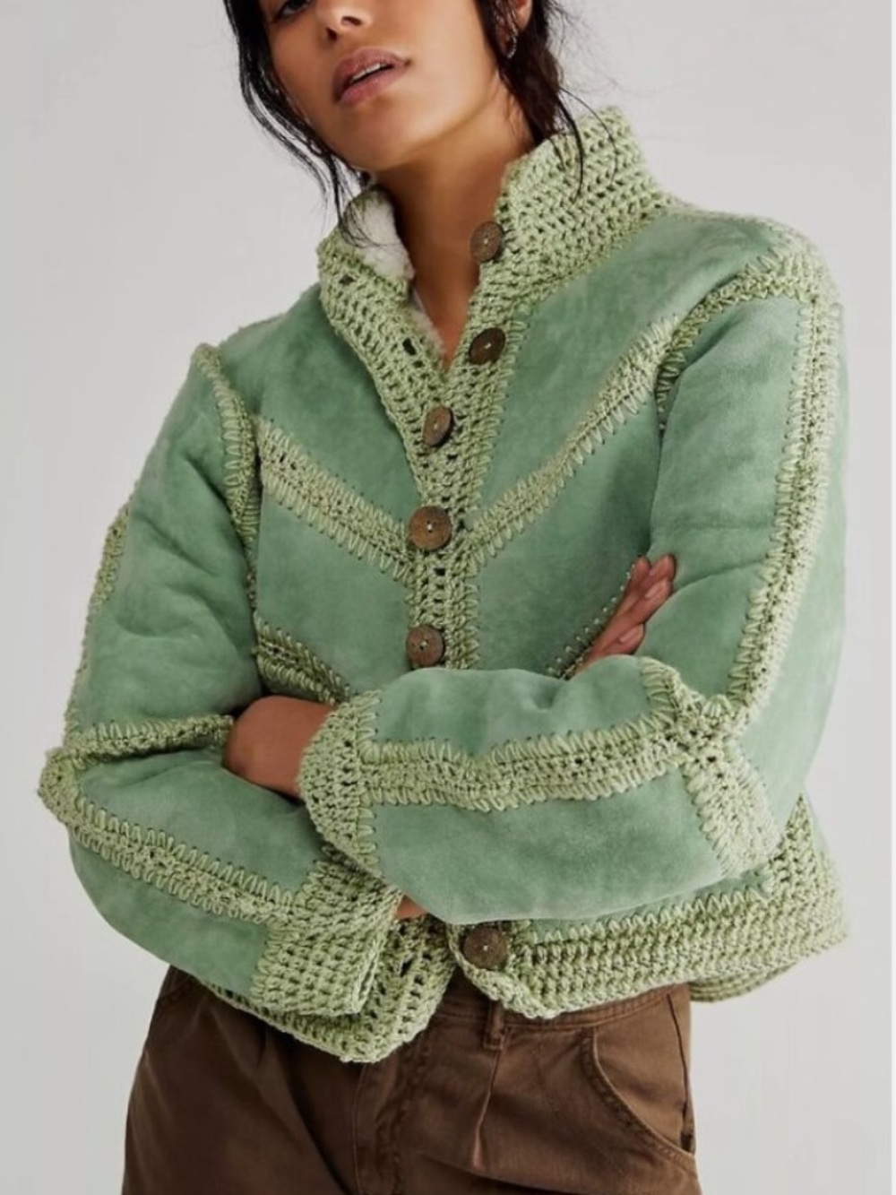 Free People Green Suede Adele Crochet Jacket Size Small